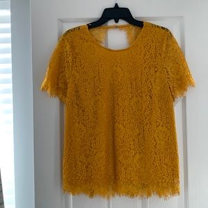 Alice Blue Yellow, lace scalloped edge top with cut out in back! Size Large